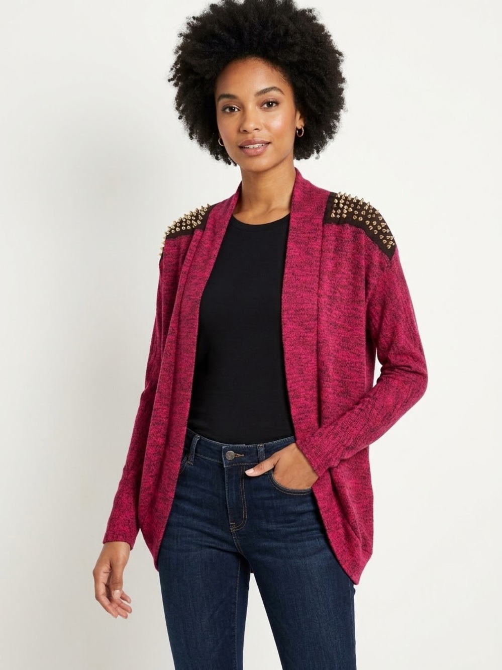 Timing Red Marled Studded Shoulder Open Cardigan Sweater Small S
